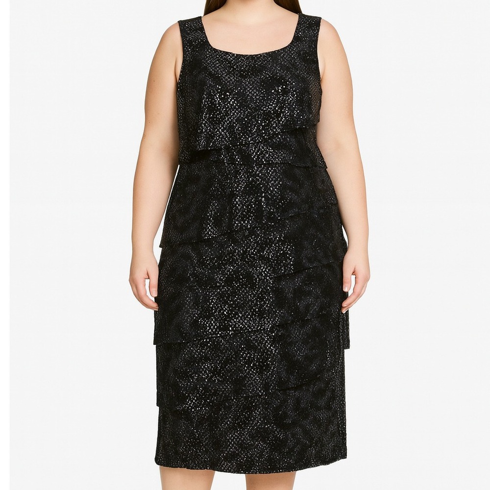 Connected Apparel Midi Dress Women's 16 Black Silver Sequin Party Formal Evening